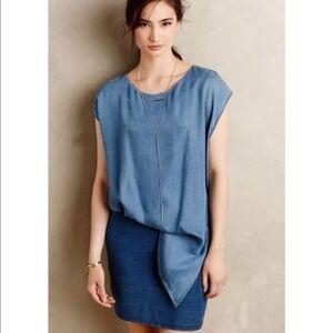 Anthropologie AMADI Women Blue Denim Chambray Tunic‎ Dress Tie Waist Size M